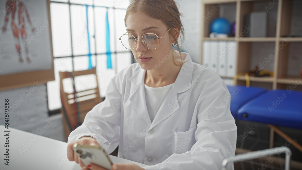 Focused young woman in a white coat browsing a smartphone in a bright physiotherapy clinic Focused young woman in a white coat browsing a smartphone in a bright physiotherapy clinic