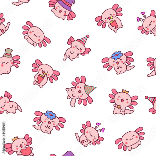 Cute kawaii little axolotl. Seamless pattern. Smiling nice cartoon animal character. Hand drawn style. Vector drawing. Design ornaments.