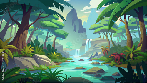 Exotic foggy forest. Jungle panorama, forest oasis. Foggy dark forest. Natural forest landscape. 