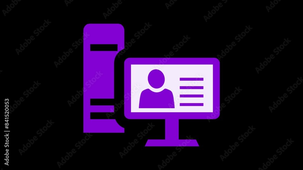 Computer monitor screen people profile list animation purple color on black background Computer monitor screen people profile list animation purple color on black background
