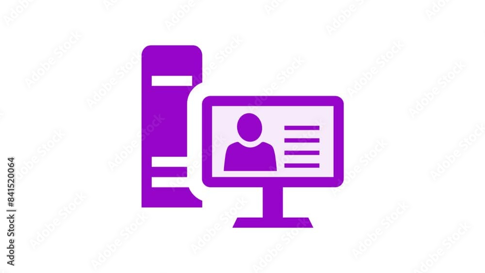 Computer monitor screen people profile list animation purple color on white background Computer monitor screen people profile list animation purple color on white background