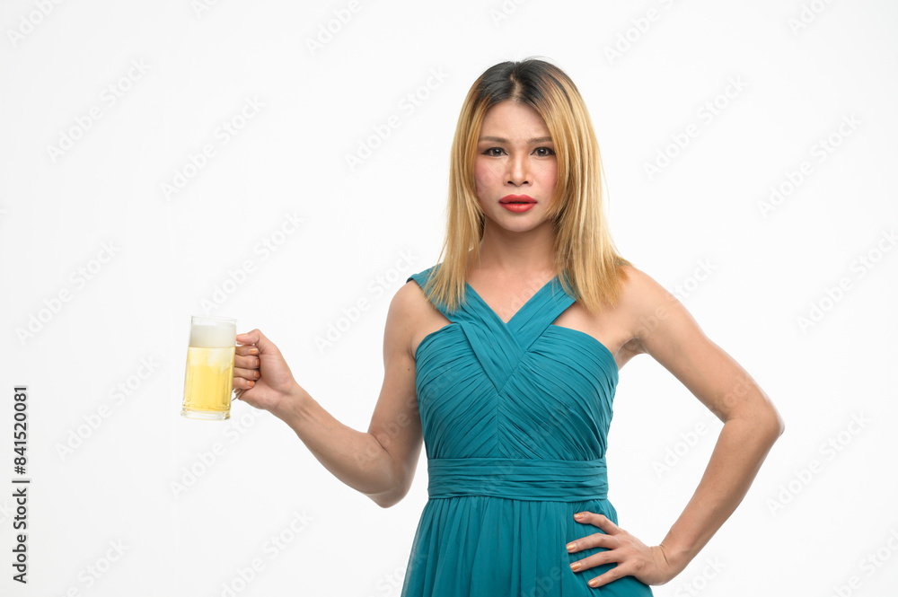 Transgender beautiful woman with a beer over white Background isolated Transgender beautiful woman with a beer over white Background isolated