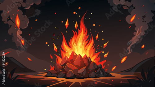 Background with fire sparks, embers and smoke. Overlay effect of burn coal, grill, hell or bonfire with flame glow, flying red sparkles and fog on black background, vector realistic border, poster