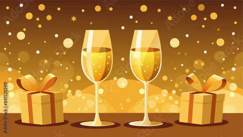 Champagne for festive cheers with gold sparkling bokeh background. Glasses of sparkling wine in front of tender bright gold bokeh. Horizontal background for celebrations and invitation cards  space