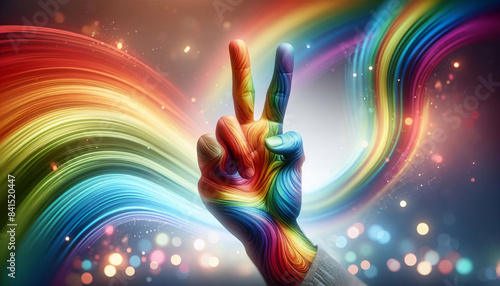 Eine in Regenbogenfarbenen bemalte Hand die mit zwei Fingern das Peace-Zeichen zeigt.  photo