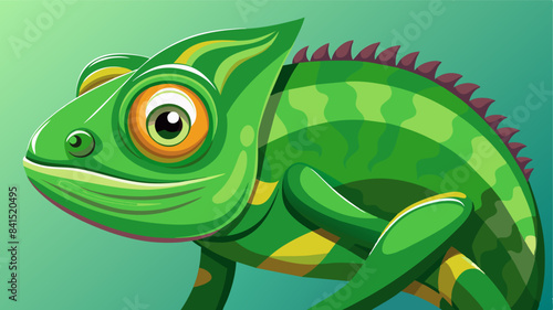 Green colored chameleon close up
