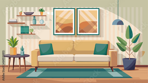Modern living room with vacant white wall and beige couch