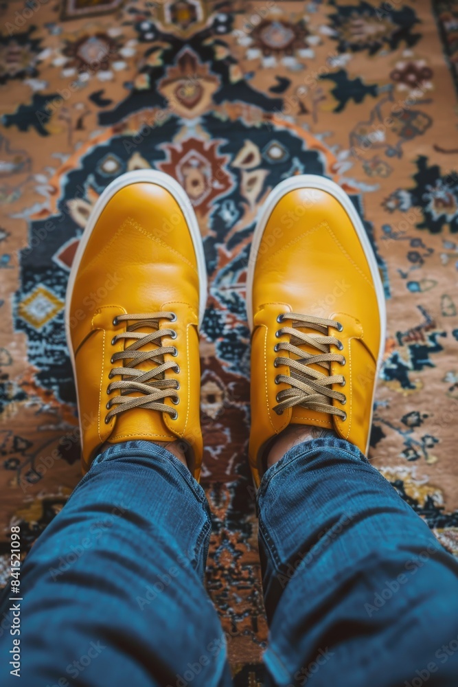 A pair of bright yellow shoes placed on top of a rug, perfect for interior or fashion photography A pair of bright yellow shoes placed on top of a rug, perfect for interior or fashion photography