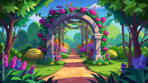 A beautiful secret fairytale garden with flower arches and colorful greenery