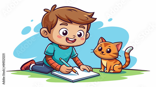 Cute boy drawing a cat on a white paper