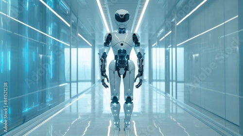 Robot in a Futuristic Office. Artificial Intelligence Concept