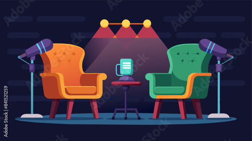 Two chairs and microphones in podcast or interview room isolated on dark background as a wide banner for media conversations or podcast streamers concepts with copyspace