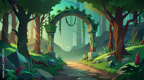 Spectacular archway covered with vine in the middle of fantasy fairy tale forest landscape, misty on spring time