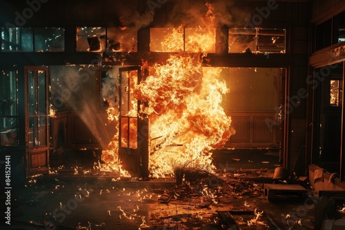 A fire raging inside a building  with flames and smoke filling the interior
