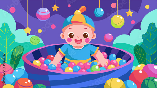 A baby is playing in a ball pit