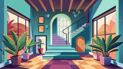 Interior design of modern entrance hall with staircase in villa