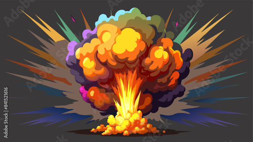 Realistic fiery explosion with colorful streaks. Large fireball with black smoke on transparent background.