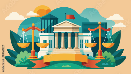 Fairness scales of justice against court house building background banner, concept of business financial protection by law