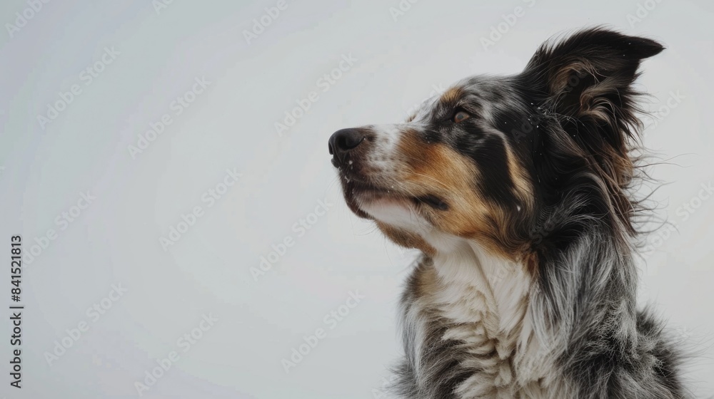 A close-up shot of a dog's face on a white background, ideal for use in pet-related designs and themes