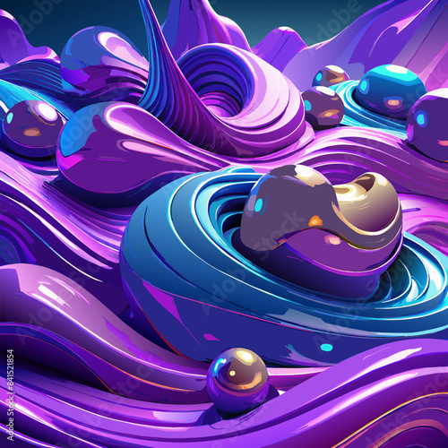 Abstract background 3D, shiny plastic waves with purple blue  textures and lights  interesting lustrous liquid wavy texture, 3D render illustration.