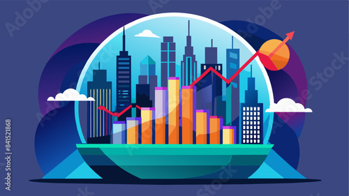 Double exposure of business chart and cityscape background. Investment and trading concept. Trading market and economic concept