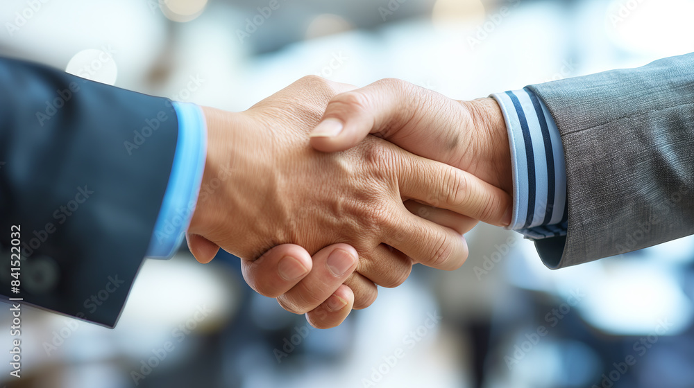 Close-up of two people shaking hands, real-life style, blurred office background, concept of partnership. Generative AI Close-up of two people shaking hands, real-life style, blurred office background, concept of partnership. Generative AI