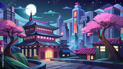 Fantasy Japanese night view city citycape, neon pink light, residential buildings, big sakura tree. Night urban anime fantasy setting downtown background