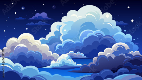Fluffy volumetric clouds at night against a dark blue sky with stars background