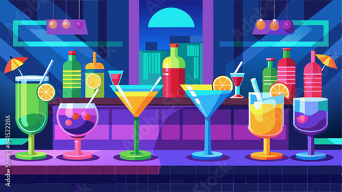 The colorful cocktails on the bar counter, 3D rendering.