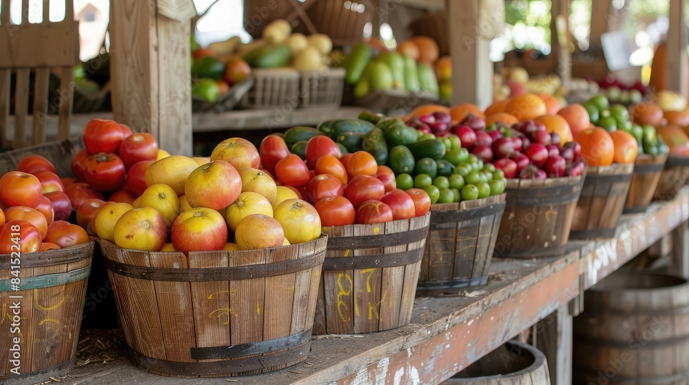 Freshly harvested fruits and vegetables displayed in rustic baskets at a local produce stand Freshly harvested fruits and vegetables displayed in rustic baskets at a local produce stand