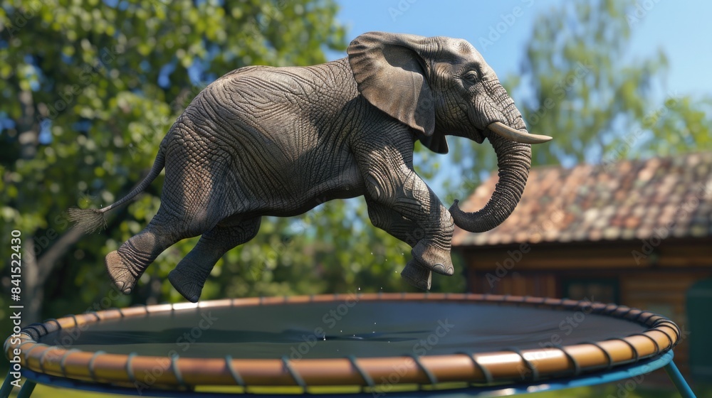 Fototapeta premium A playful elephant jumps on a trampoline