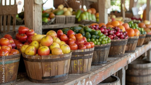 Freshly harvested fruits and vegetables displayed in rustic baskets at a local produce stand