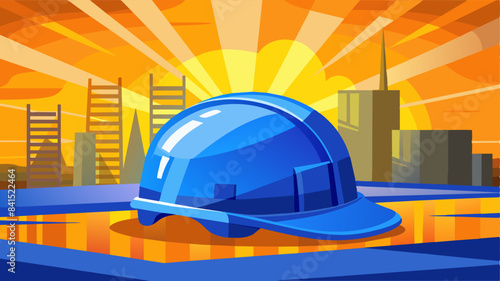 A blue safety helmet or hardhat for the construction worker which is placed on the ground of construction working site, image applied with orange sunlight flare