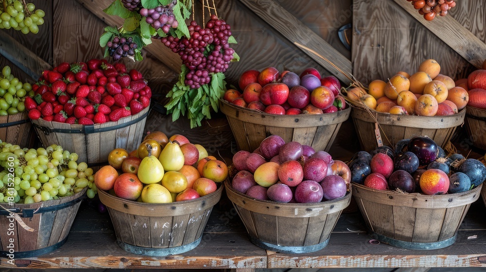 Freshly harvested fruits and vegetables displayed in rustic baskets at a local produce stand