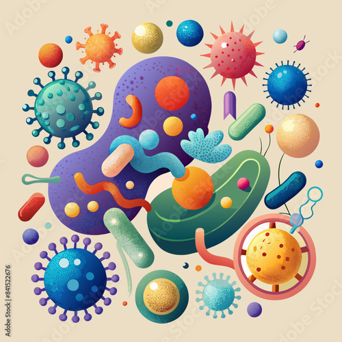 Abstract bacteria, probiotics, gram positive bacteria bacteria and viruses of various shapes against a light background. Concept of science, medicine. Microbiology background