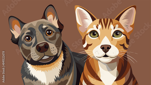 Mixed breed dog and cat friends portrait, Adorable kitten and dog together in studio on a brown background, digital art