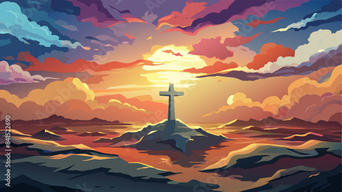 Blurred abstract background. Watercolor painting depicting conceptual cross or other religious symbol against sunset sky with clouds as God