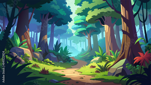 A beautiful fairytale enchanted forest with big trees and great vegetation. Digital painting background
