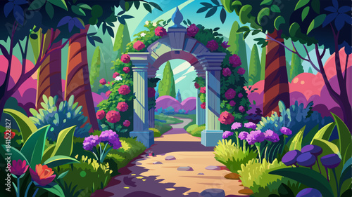 A beautiful secret fairytale garden with flower arches and colorful greenery. Digital Painting Background, Illustration