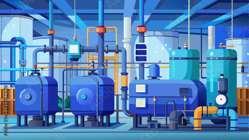 Large industrial boiler room and water treatment facility, blue pumps, shiny stainless metal pipes, and valves.