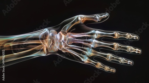 Anatomy illustration of a human hand with bones visible in an x-ray style