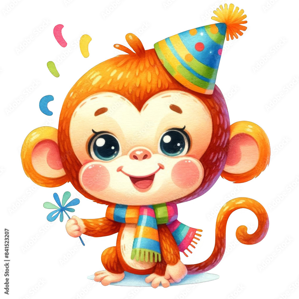 Obraz premium Cheerful cartoon monkey with party hat and flower, bringing joy and happiness. Ideal for birthday and celebration themes.
