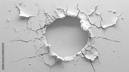 A white background with a circular hole in the middle and cracks spreading out from it.
