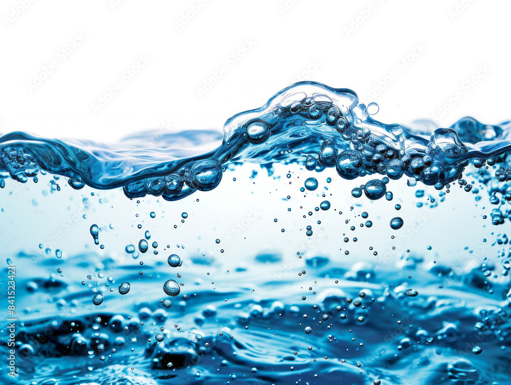 Close-up of water splashes and bubbles against a blue background, embodying the concept of purity and fluid motion. Generative AI Close-up of water splashes and bubbles against a blue background, embodying the concept of purity and fluid motion. Generative AI