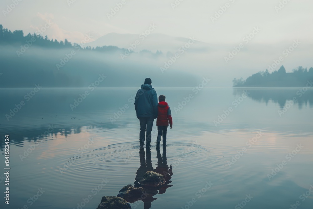 A boy and his father standing together in a body of water, possibly on a boat or at the beach A boy and his father standing together in a body of water, possibly on a boat or at the beach