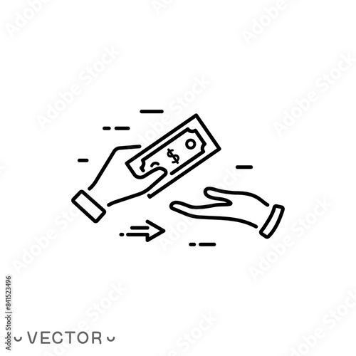 cash pay icon, get or exchange money, concept financial help, thin line symbol isolated on white background, editable stroke eps 10 vector illustration