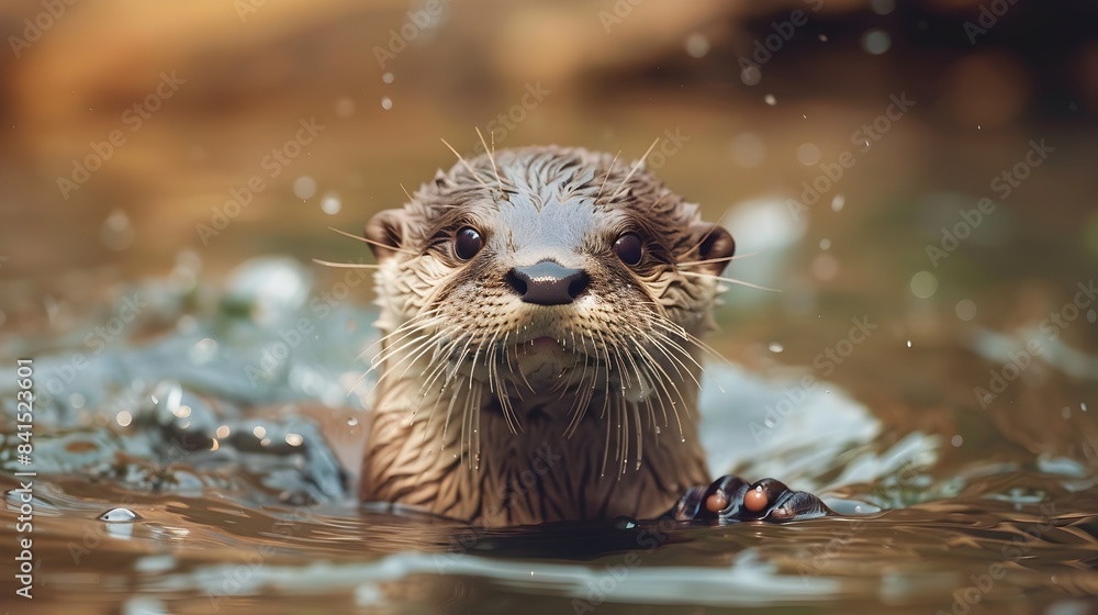 Adorable baby river otter learning to swim in a pond with copy space Adorable baby river otter learning to swim in a pond with copy space