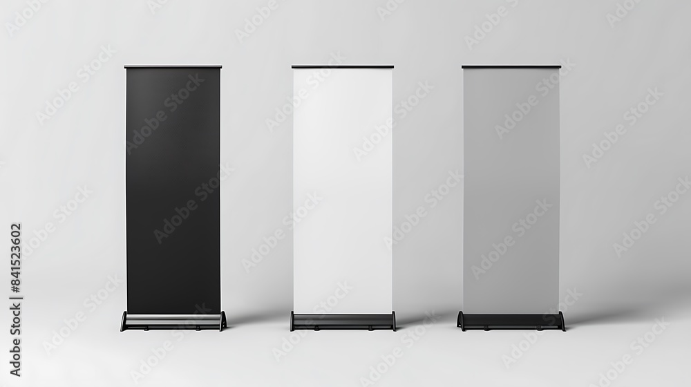 A white black and gray blank standing banner ads isolated on a white background. A white black and gray blank standing banner ads isolated on a white background.