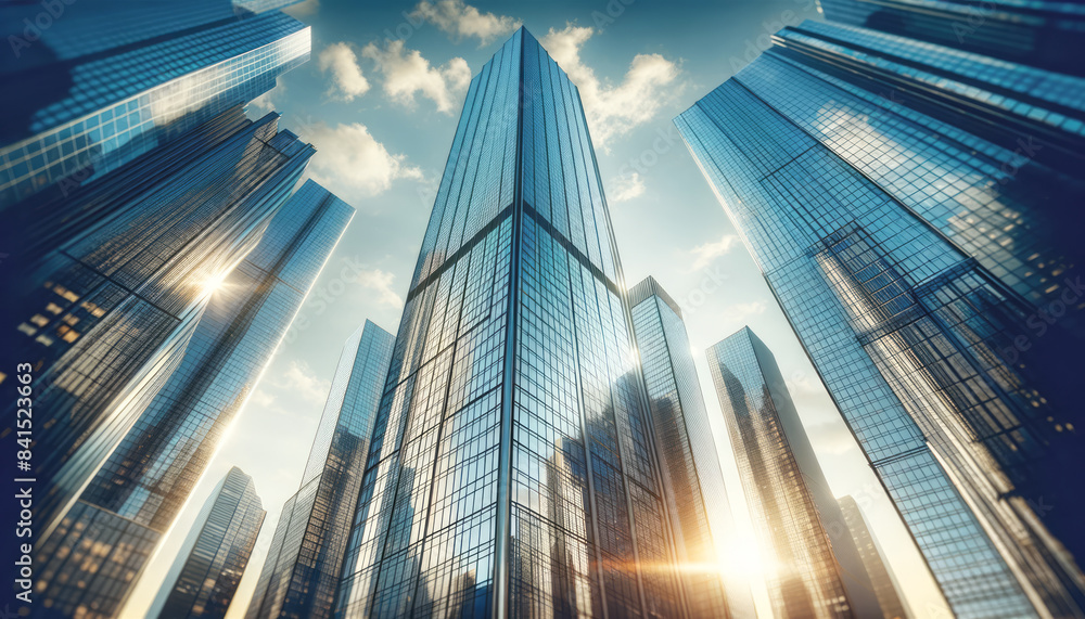 Skyscrapers reaching towards a blue sky, sun flare shining between buildings, modern architecture, concept of urban development. Generative AI Skyscrapers reaching towards a blue sky, sun flare shining between buildings, modern architecture, concept of urban development. Generative AI
