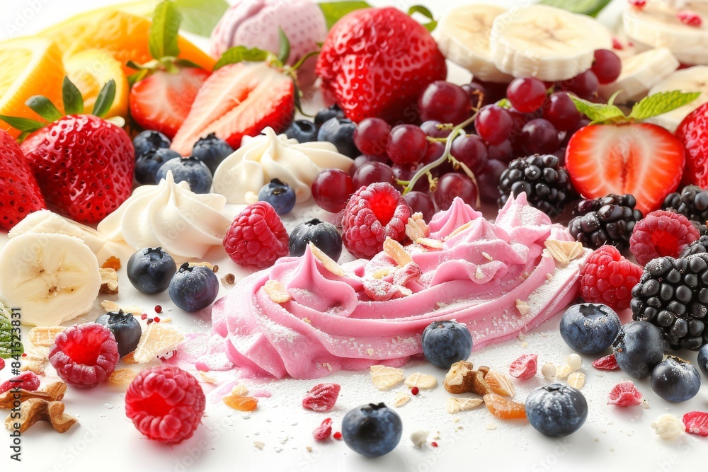 Fresh fruit and yogurt parfait topped with mixed berries and nuts for a colorful and healthy breakfast option Fresh fruit and yogurt parfait topped with mixed berries and nuts for a colorful and healthy breakfast option